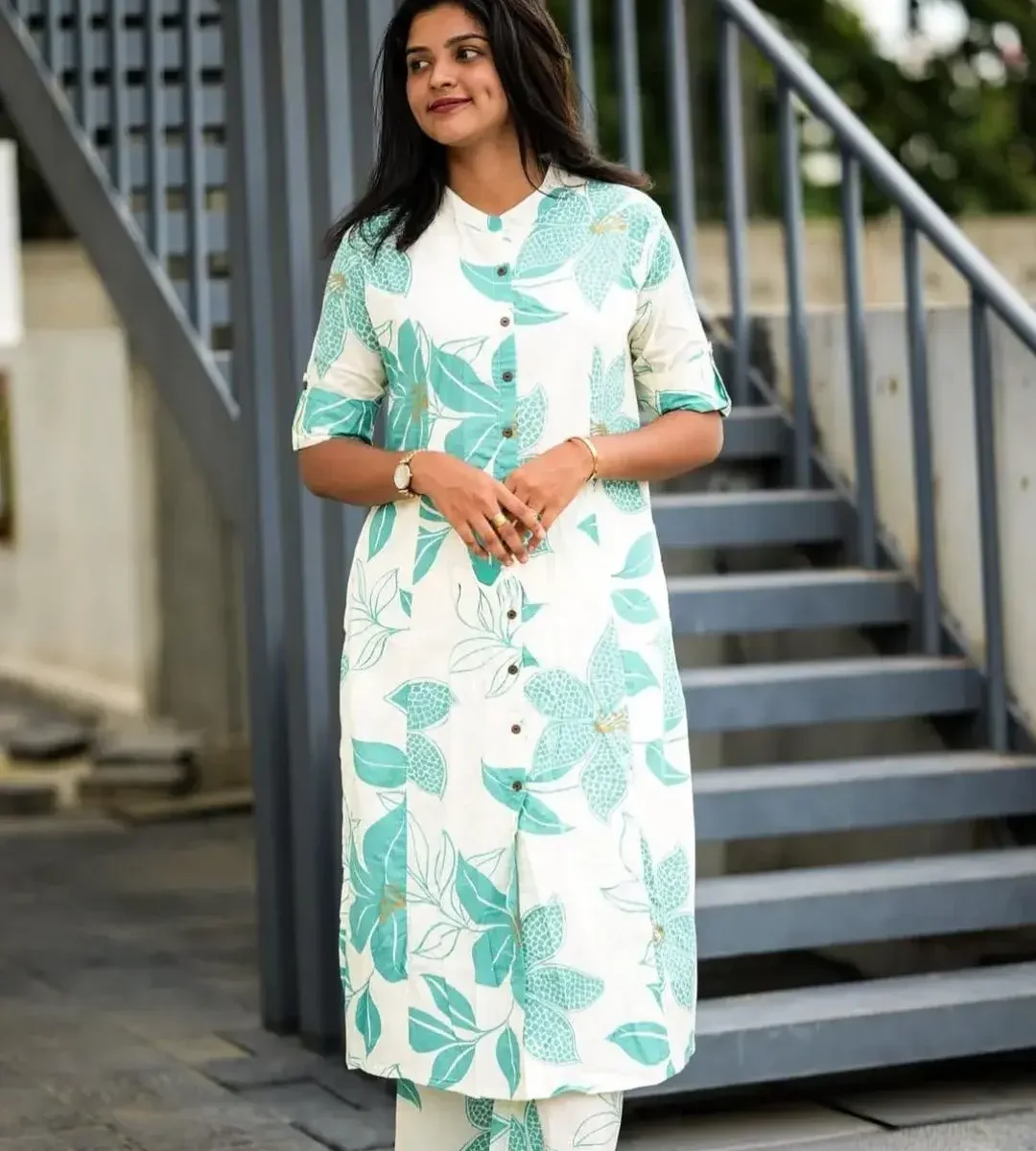 A-Line White Cotton Kurti Palazzo Set