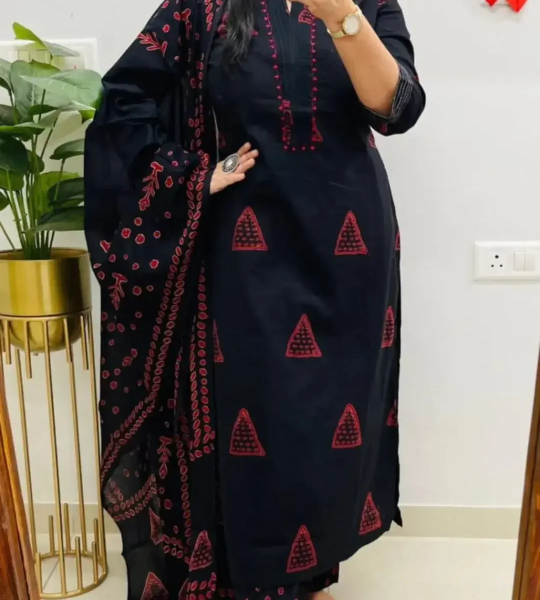 Black Cotton Ajrakh Print Suit Set