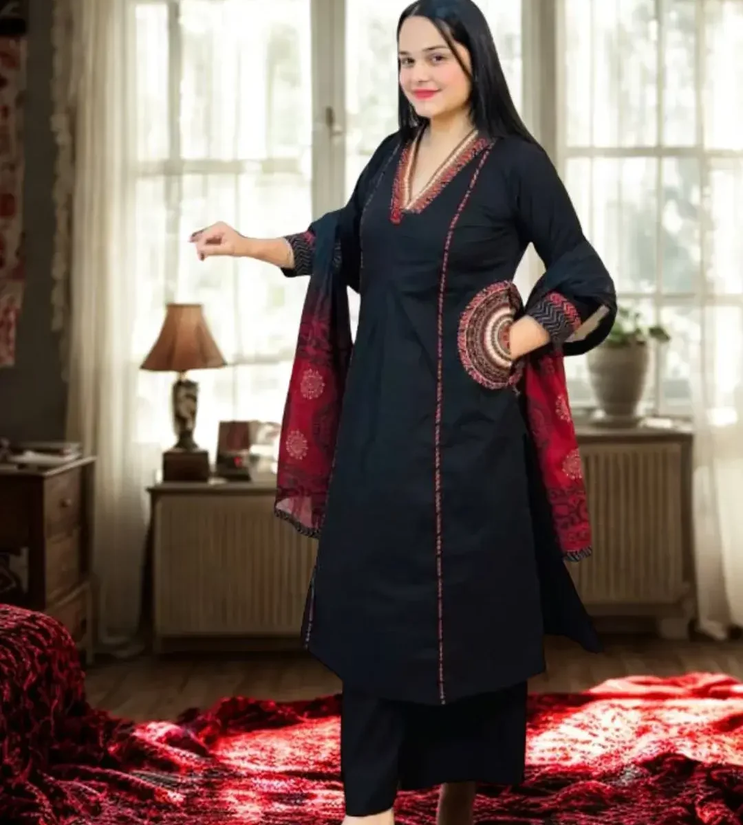 Black Cotton Kurti Palazzo Set With Dupatta