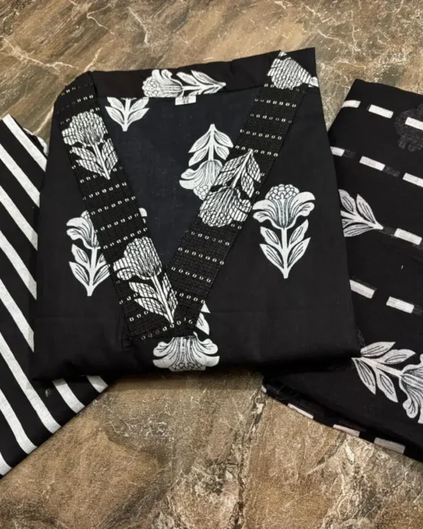 Black Cotton Paisley Print Cotton Suit Set