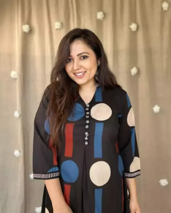 Black Polka Dots Cotton Kurta Pant Set Front