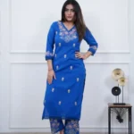 Blue Cotton Slub Kurti Pant Set