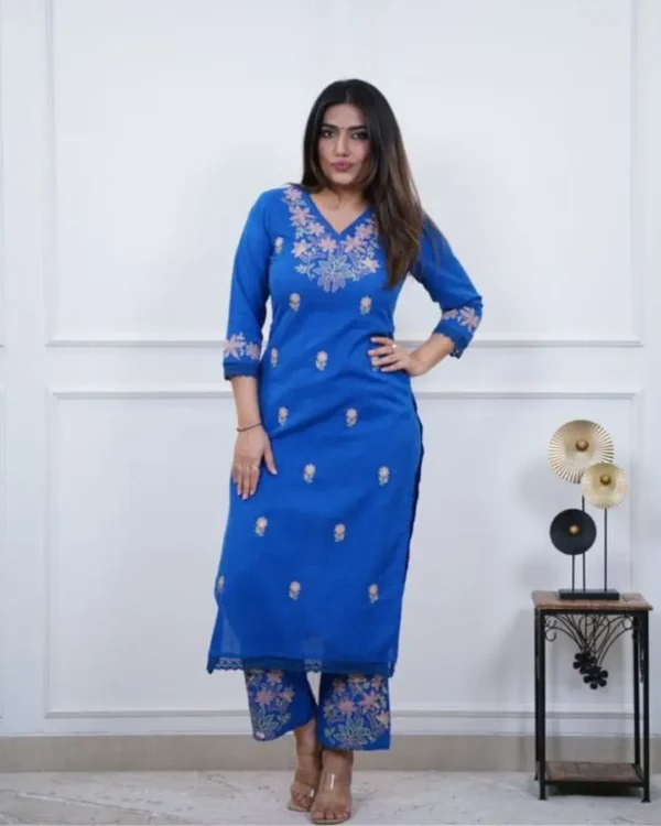 Blue Cotton Slub Kurti Pant Set