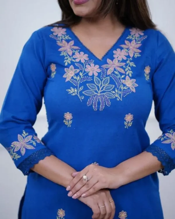 Blue Cotton Slub Kurti Pant Set Front