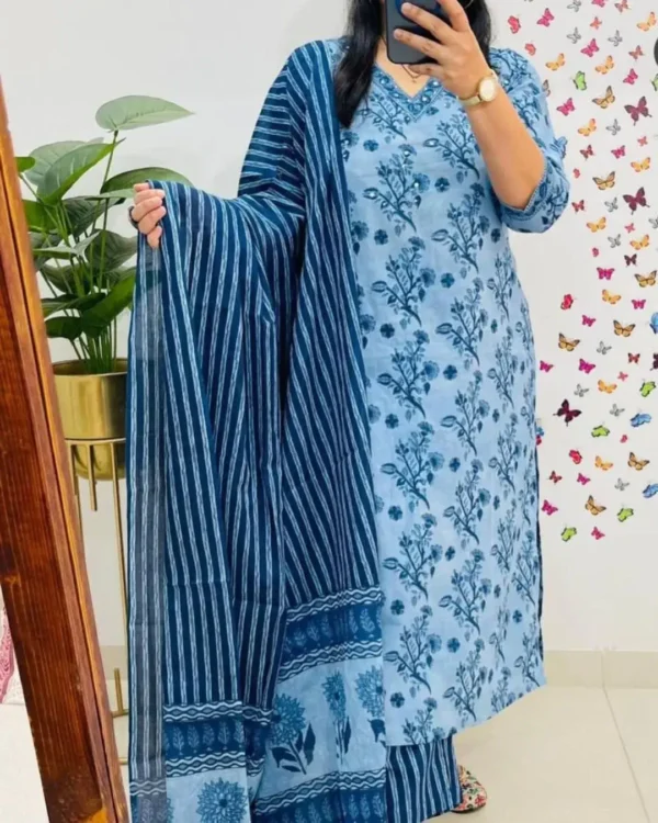 Cotton Blue Floral Printed Suit Set