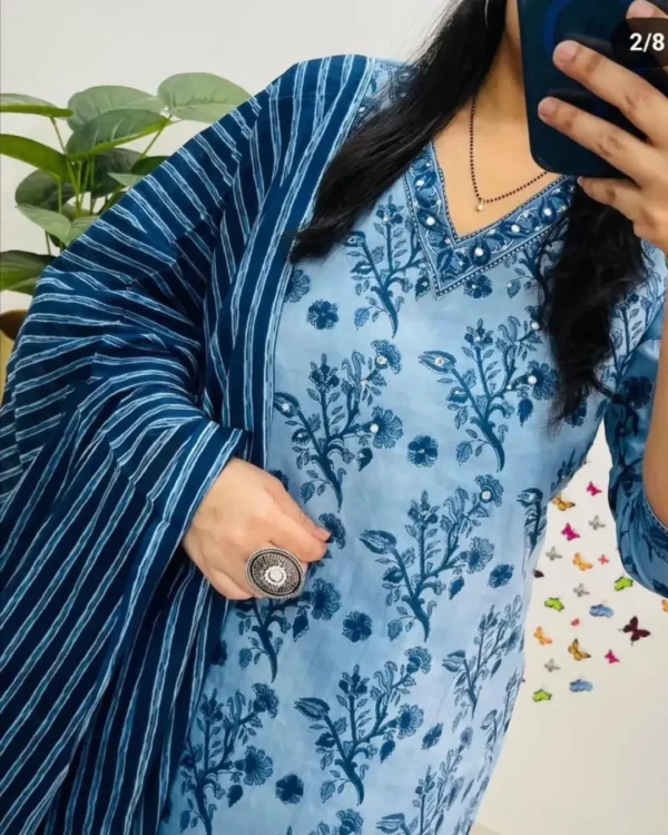 Cotton Blue Floral Printed Suit Set Front