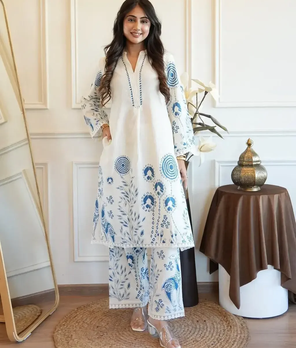 Cotton White Office Wear Kurti Pant Set