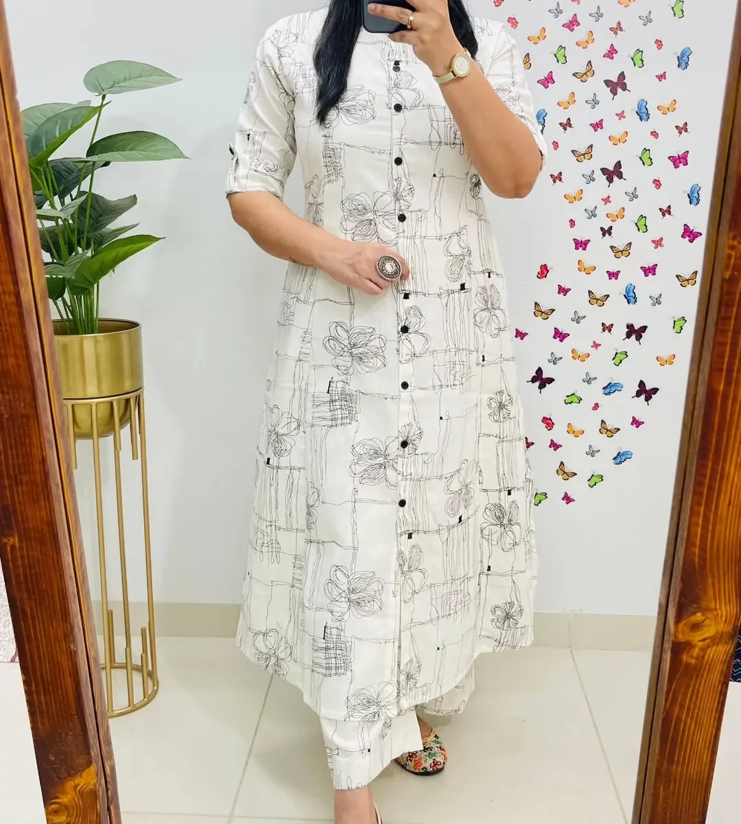 Floral Print White Cotton Kurti Pant Set