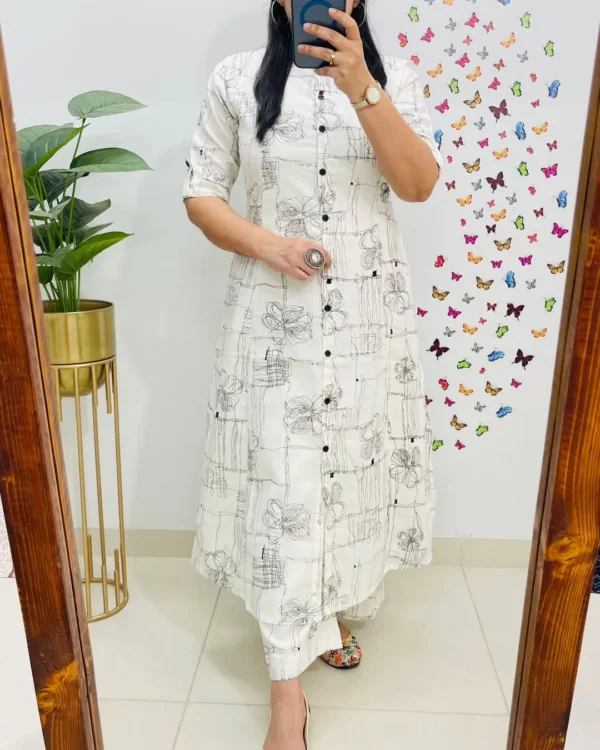 Floral Print White Cotton Kurti Pant Set