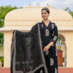 Floral Printed Black Cotton Suit Set
