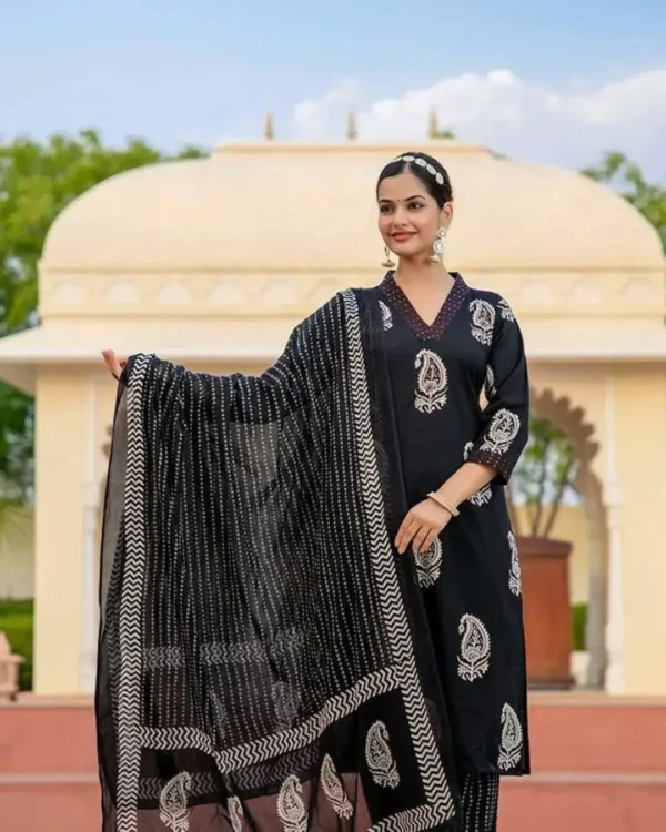 Floral Printed Black Cotton Suit Set