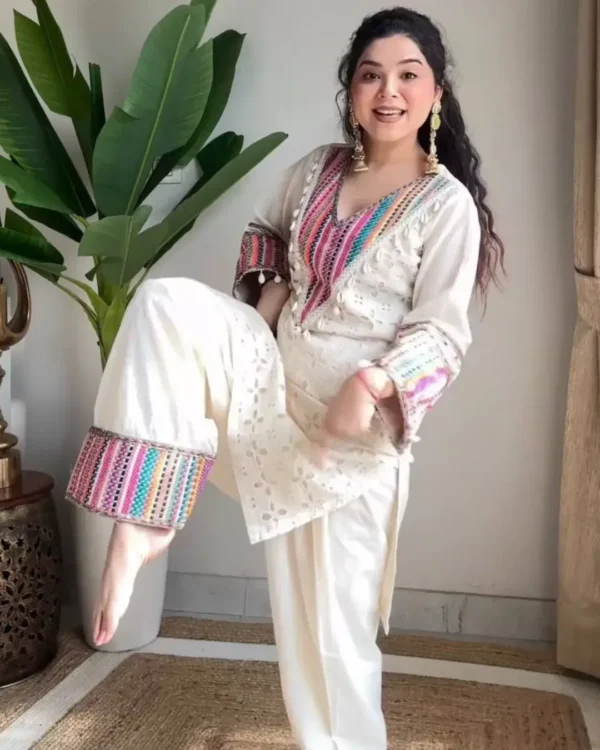 Khadi Cotton Off White Kurti Pant Set