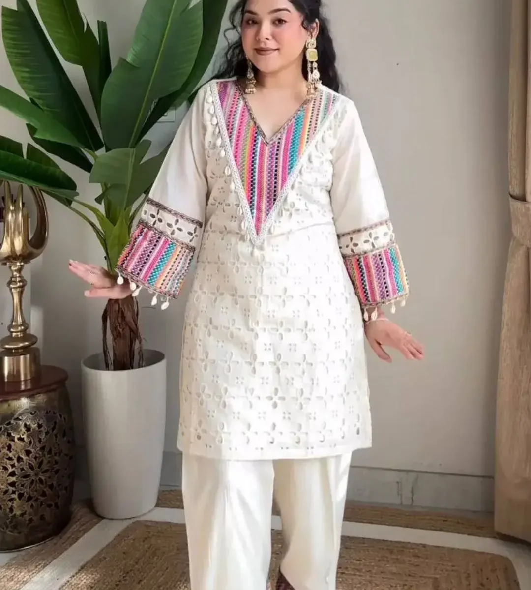 Khadi Cotton Off White Kurti Pant Set