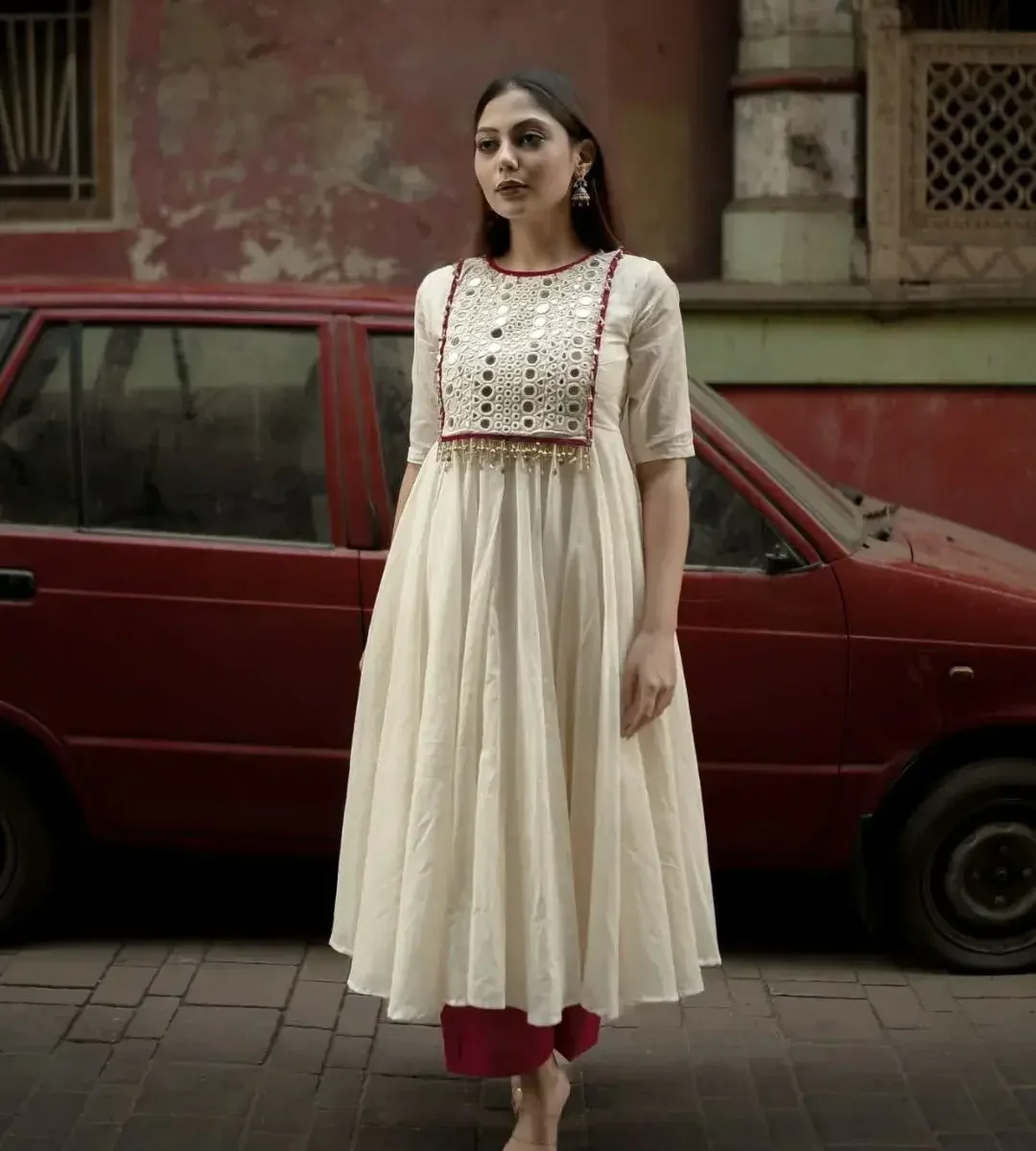 Off White Kurti Combination With Pant Set