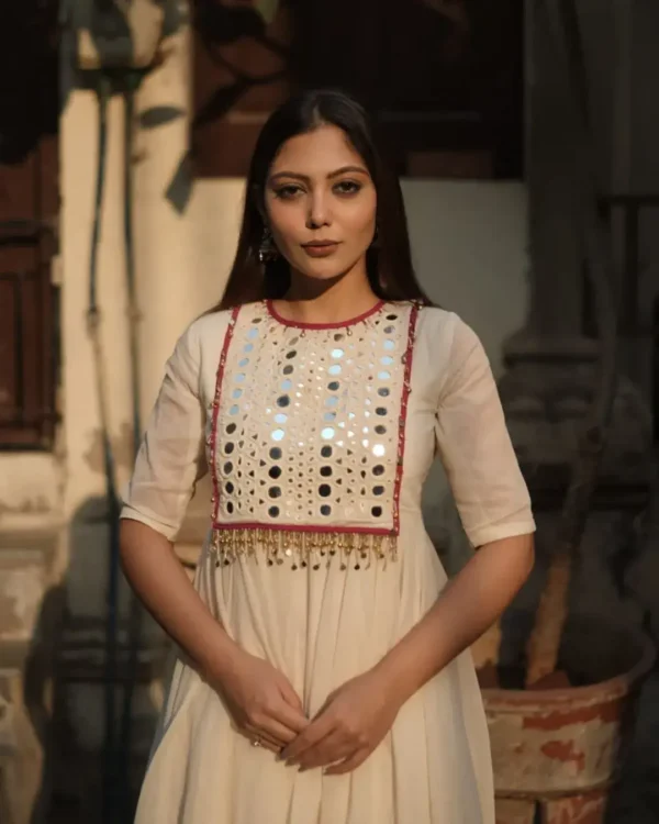 Off White Kurti Combination With Pant Set Front Side