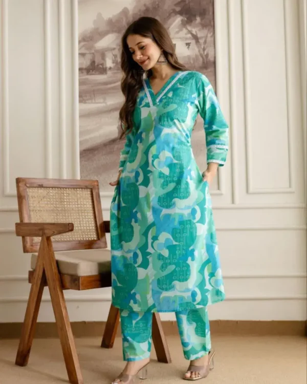 Office Wear cotton Green Kurti Pant Set