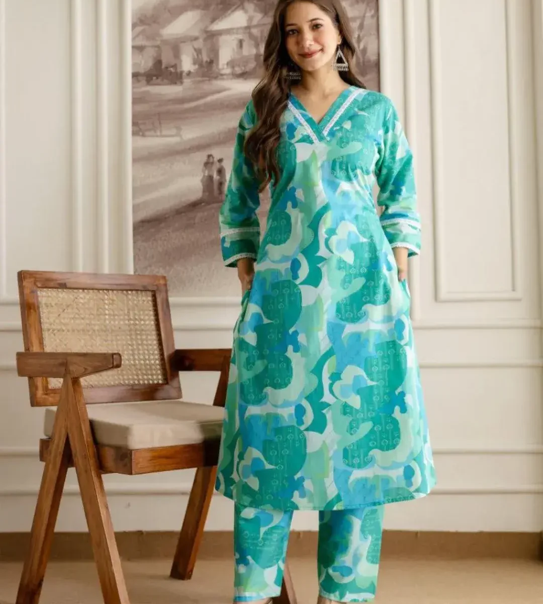 Office Wear cotton Green Kurti Pant Set