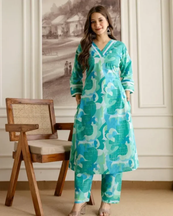 Office Wear cotton Green Kurti Pant Set