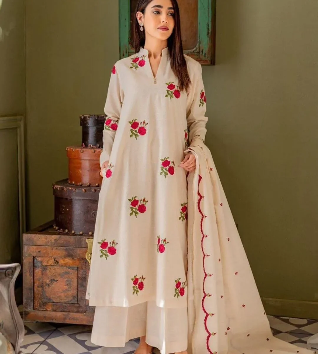 Floral Print Off White Suit With Dupatta​