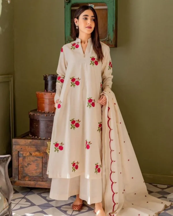 Floral Print Off White Suit With Dupatta​