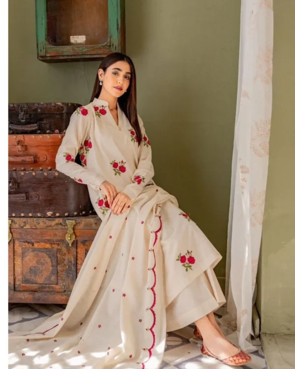 Floral Print Off White Suit With Dupatta​