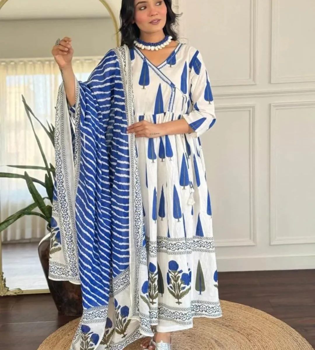 Angrakha Style Anarkali Kurti Pant Dupatta Set