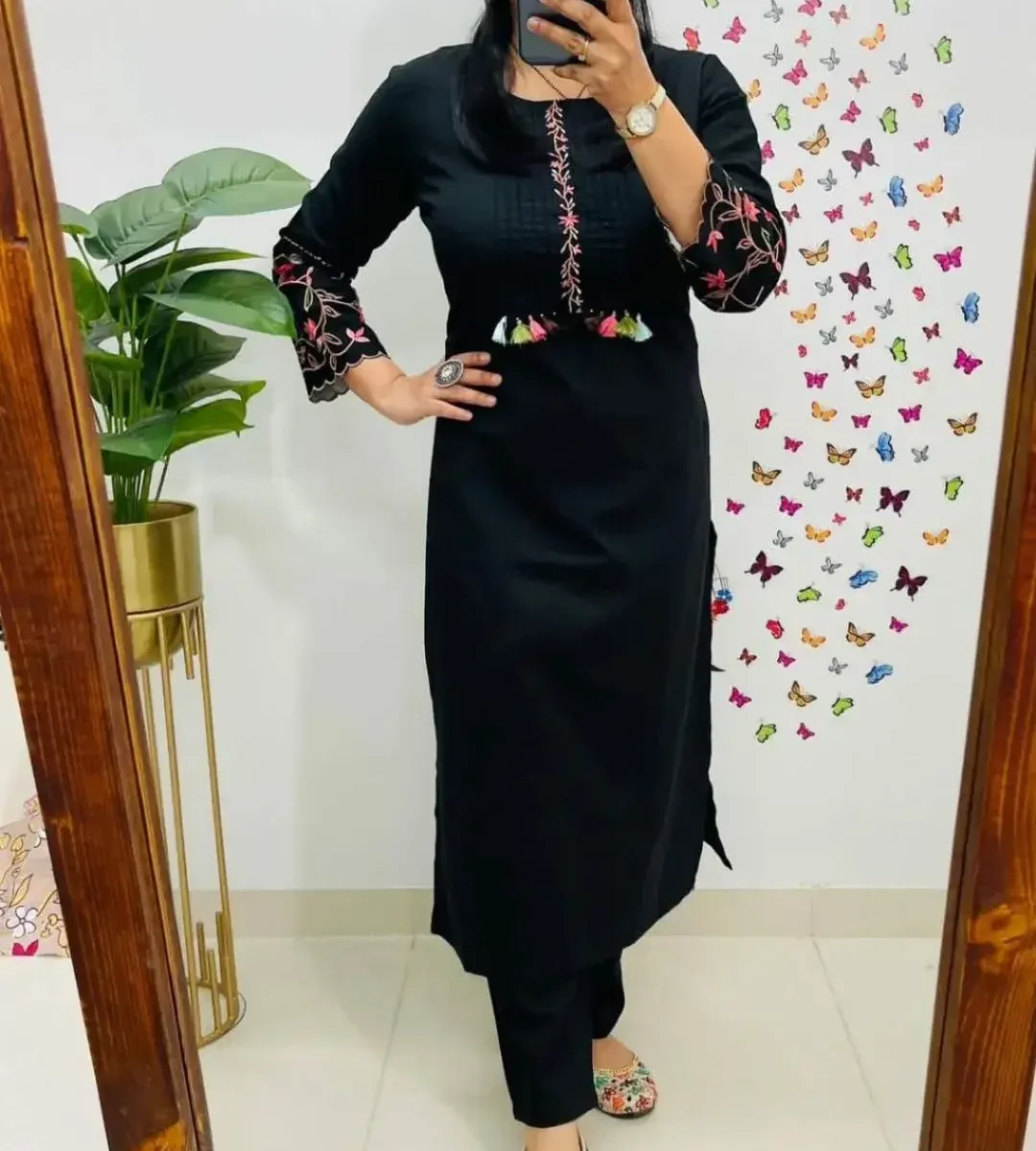 Party Wear Cotton Black Kurti Pant Set 2