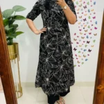 Printed A-Line Black Kurti Pant Set 1