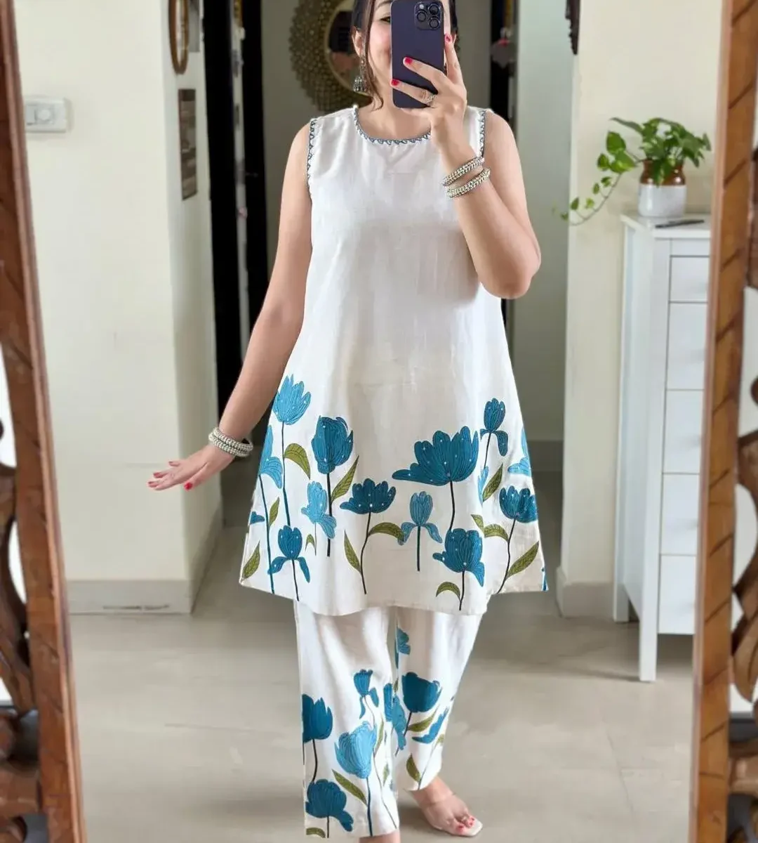Sleeveless White Cotton Slub Kurti Pant Set