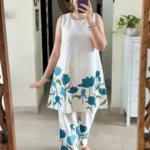 Sleeveless White Cotton Slub Kurti Pant Set