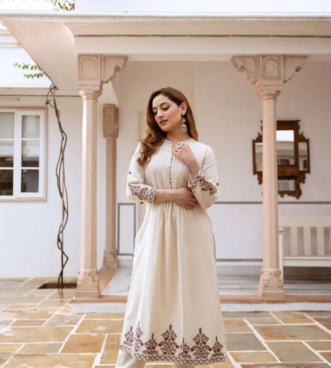 White Floral Cream Kurta Pant Set