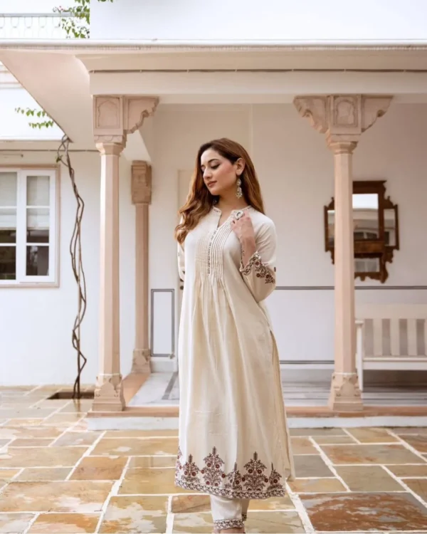 Elegant Cream Embroidered South Cotton Suit Set