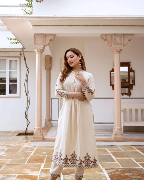 White Floral Cream Kurta Pant Set