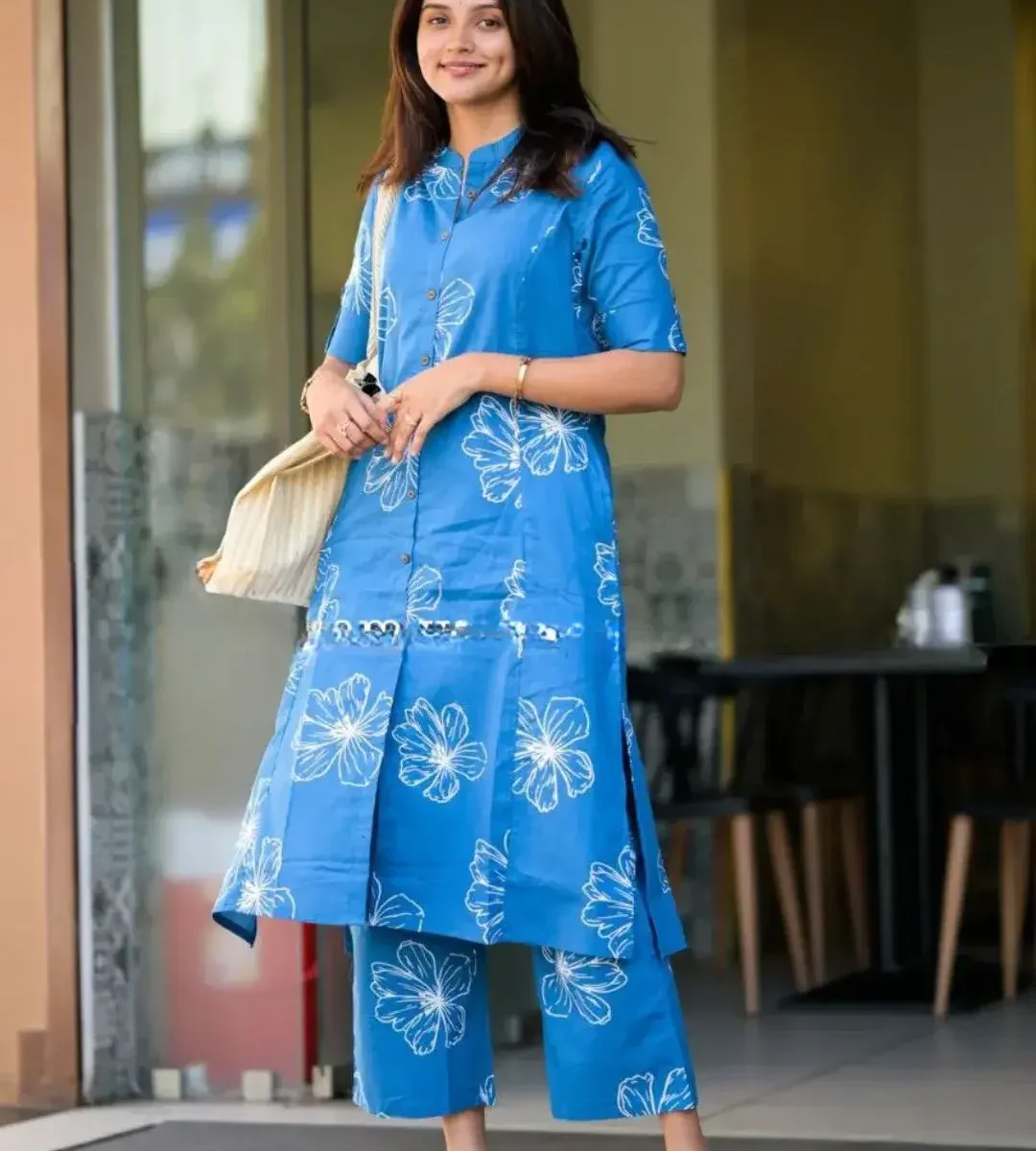 White Blue Cotton Kurti Pant Set