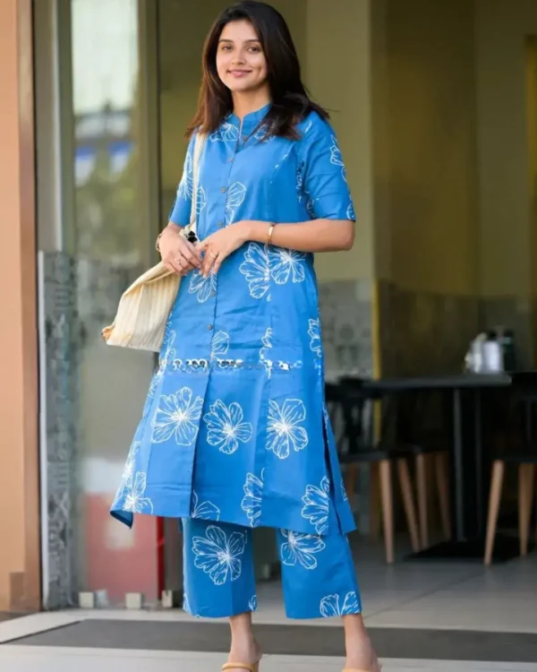White Blue Cotton Kurti Pant Set