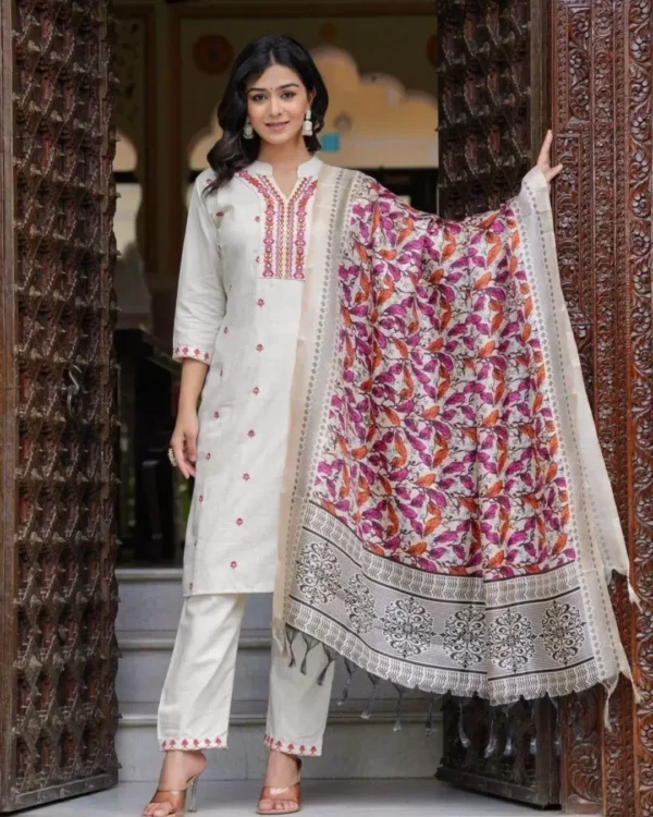 White Khadi Cotton Kurti​ Pant Dupatta Set