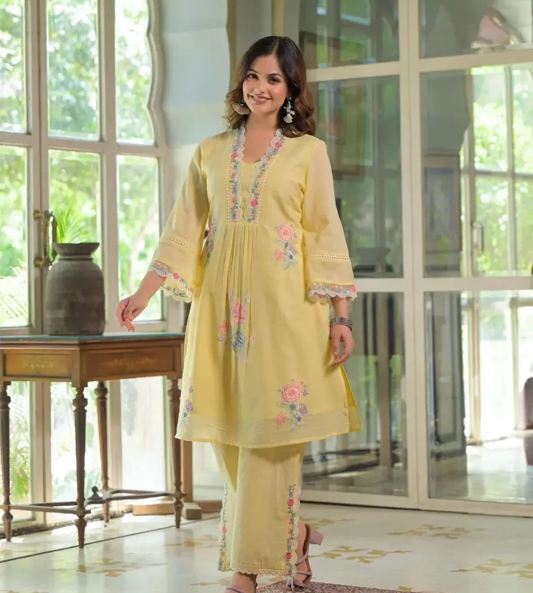 Yellow Slub Cotton Kurti Pant Set