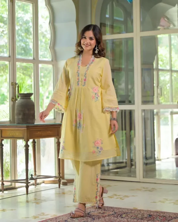 Yellow Slub Cotton Kurti Pant Set