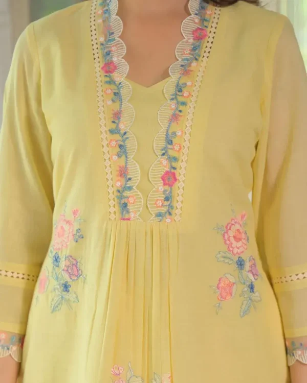 Yellow Slub Cotton Kurti Pant Set Front