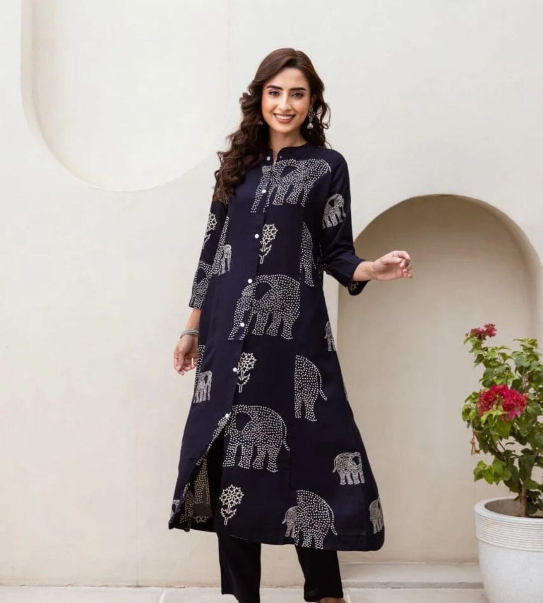 Rayon Black Printed Kurti Pant Set