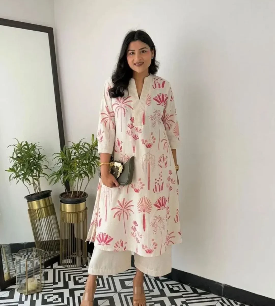 White Printed Office Kurti Palazzo Set