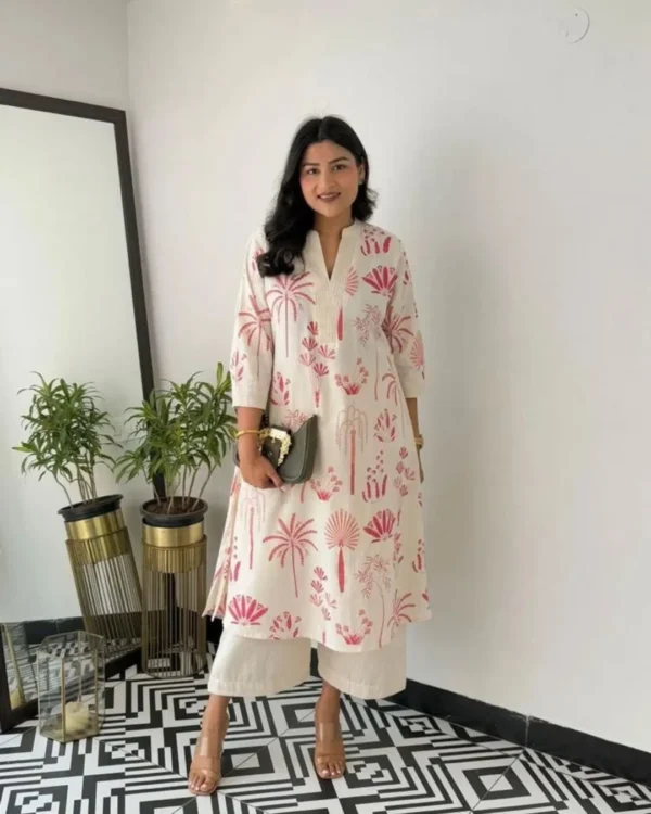 White Printed Office Kurti Palazzo Set