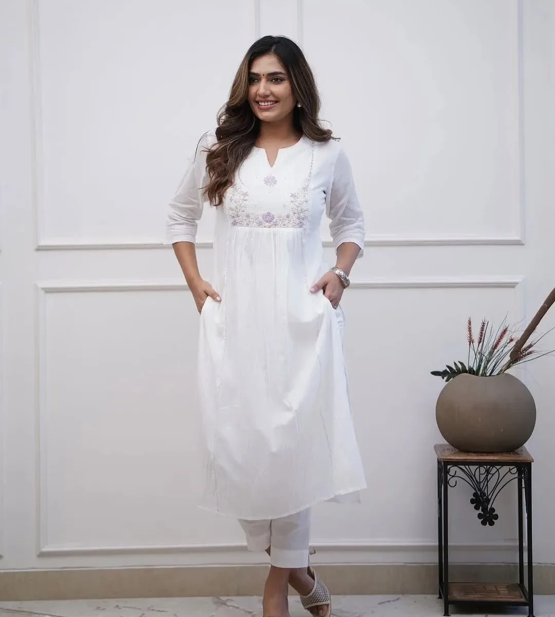 Office Wear White Kurti Pant Set