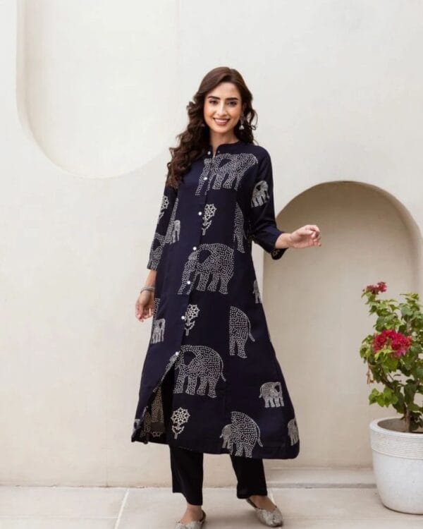 Rayon Black Printed Kurti Pant Set