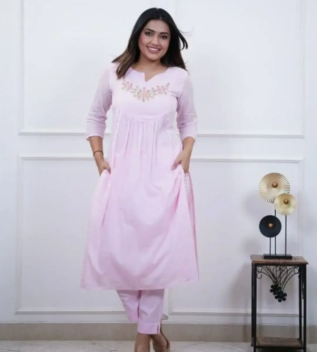 Office Wear Pink Cotton Kurti Pant Set