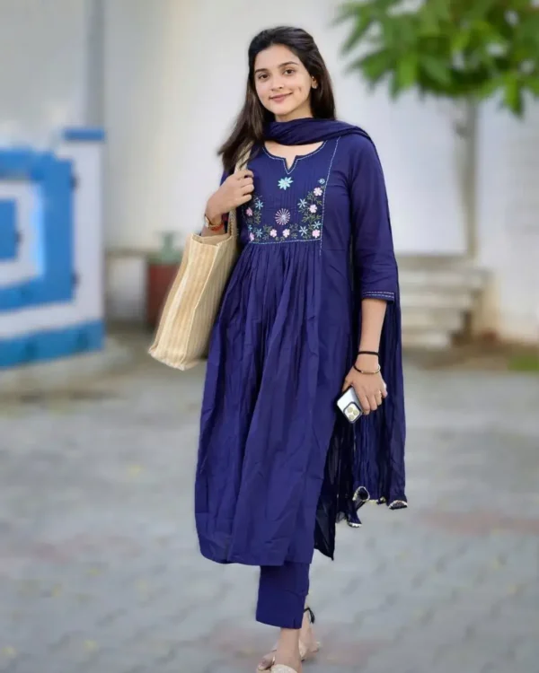 Flared Cotton Blue Kurti Pant Dupatta Set