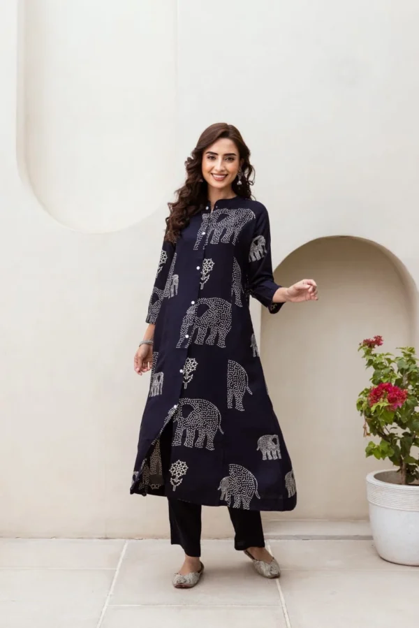 Rayon Black Printed Kurti Pant Set