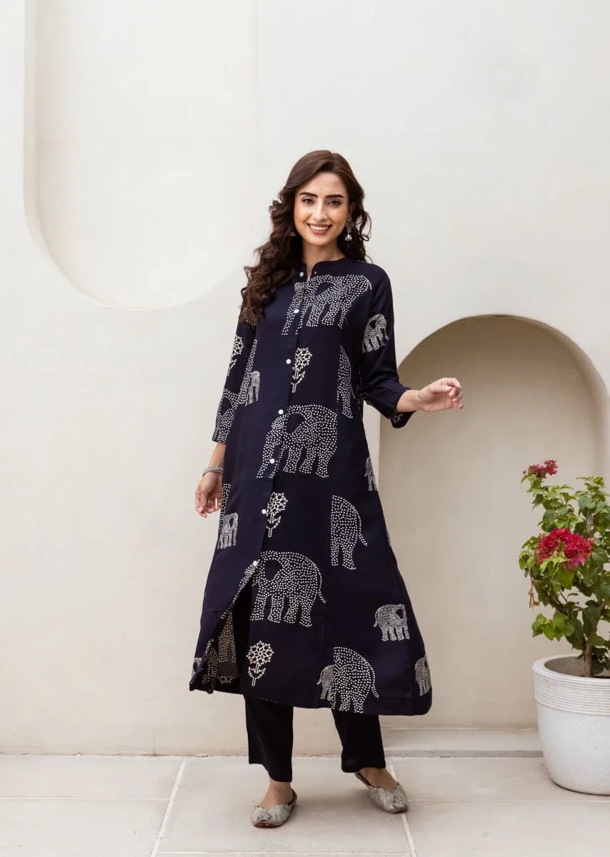 Rayon Black Printed Kurti Pant Set