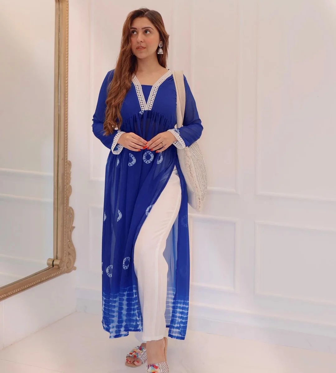 Fox Georgette Blue Kurti With Cotton Pant