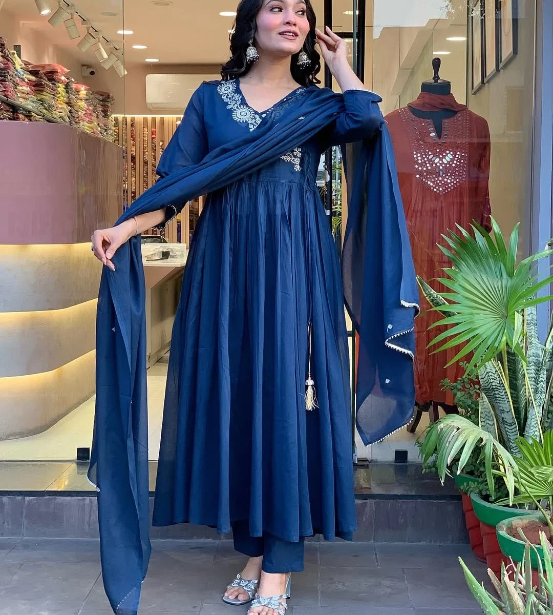 Flared Cotton Blue Kurti Pant Dupatta Set